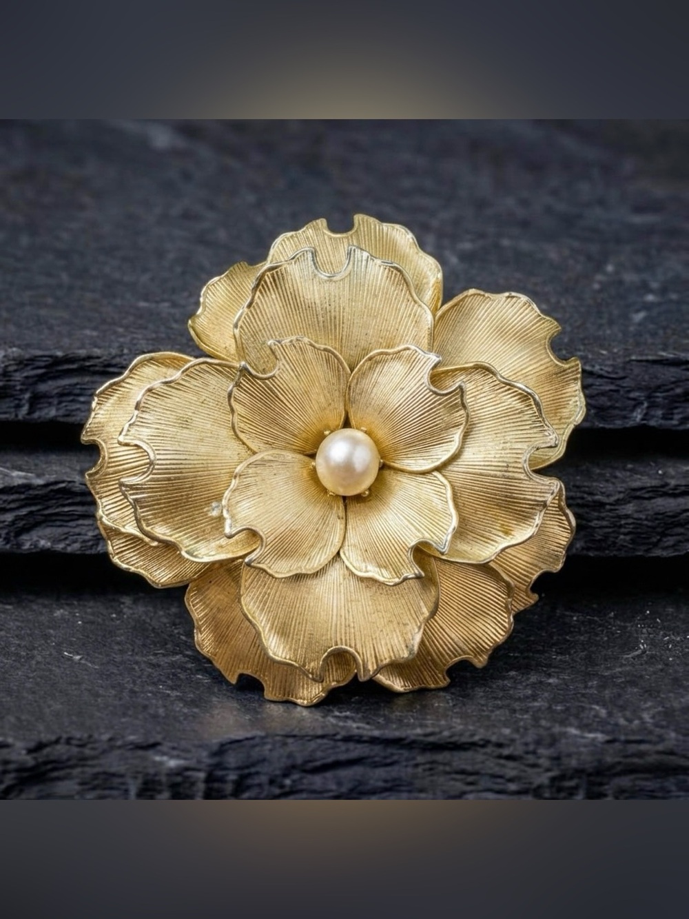 Vintage 60s Brushed Gold Tone Faux Pearl Layered Camellia Flower Brooch